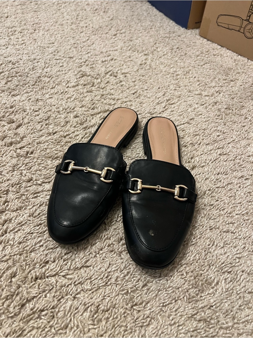 BCBGeneration Black Leather Slip-On Mules with Gold Horsebit